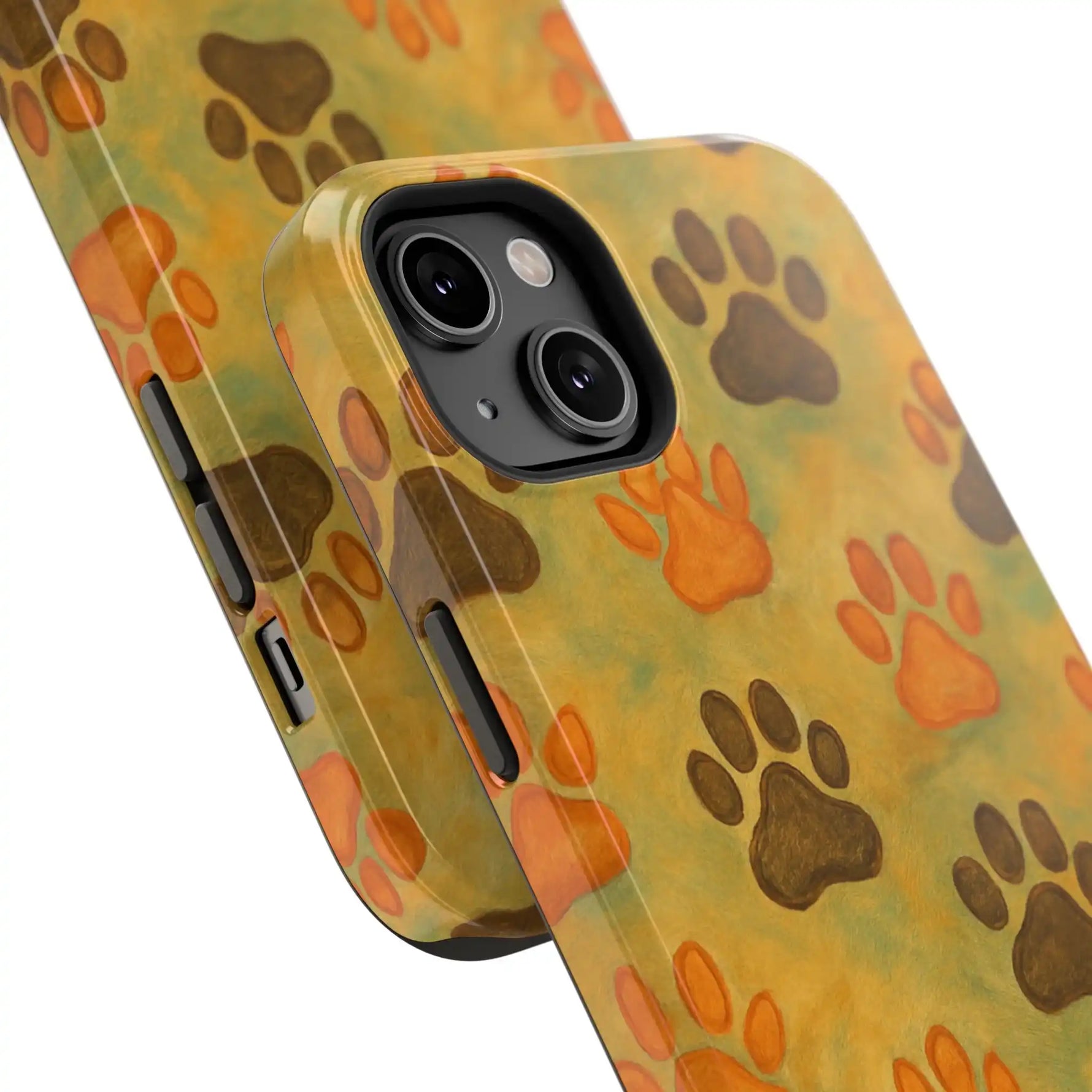 Two phone cases with yellow background and multicolor paw print pattern showing size variant