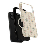 Desert Diamonds – Pastel Geometric Pattern MagSafe Phone Case, glossy wide-camera Pro Max model, exploded shell and liner with magnetic ring