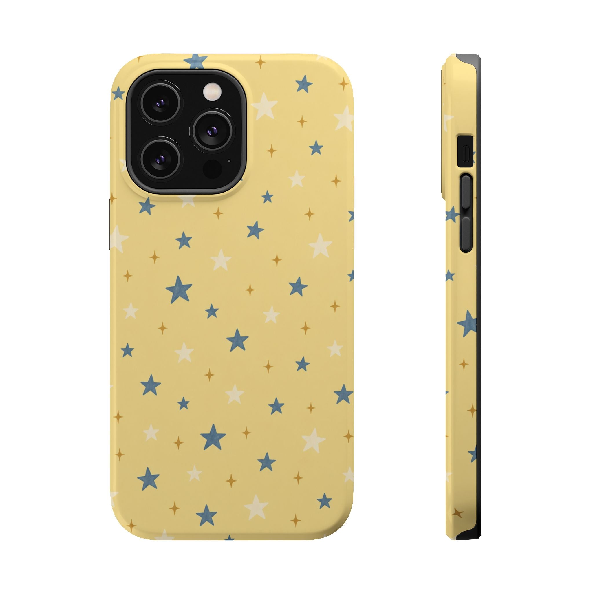 Prairie Stars – Yellow and Blue Star MagSafe Phone Case, glossy iPhone 14 Pro Max, rear and side profile