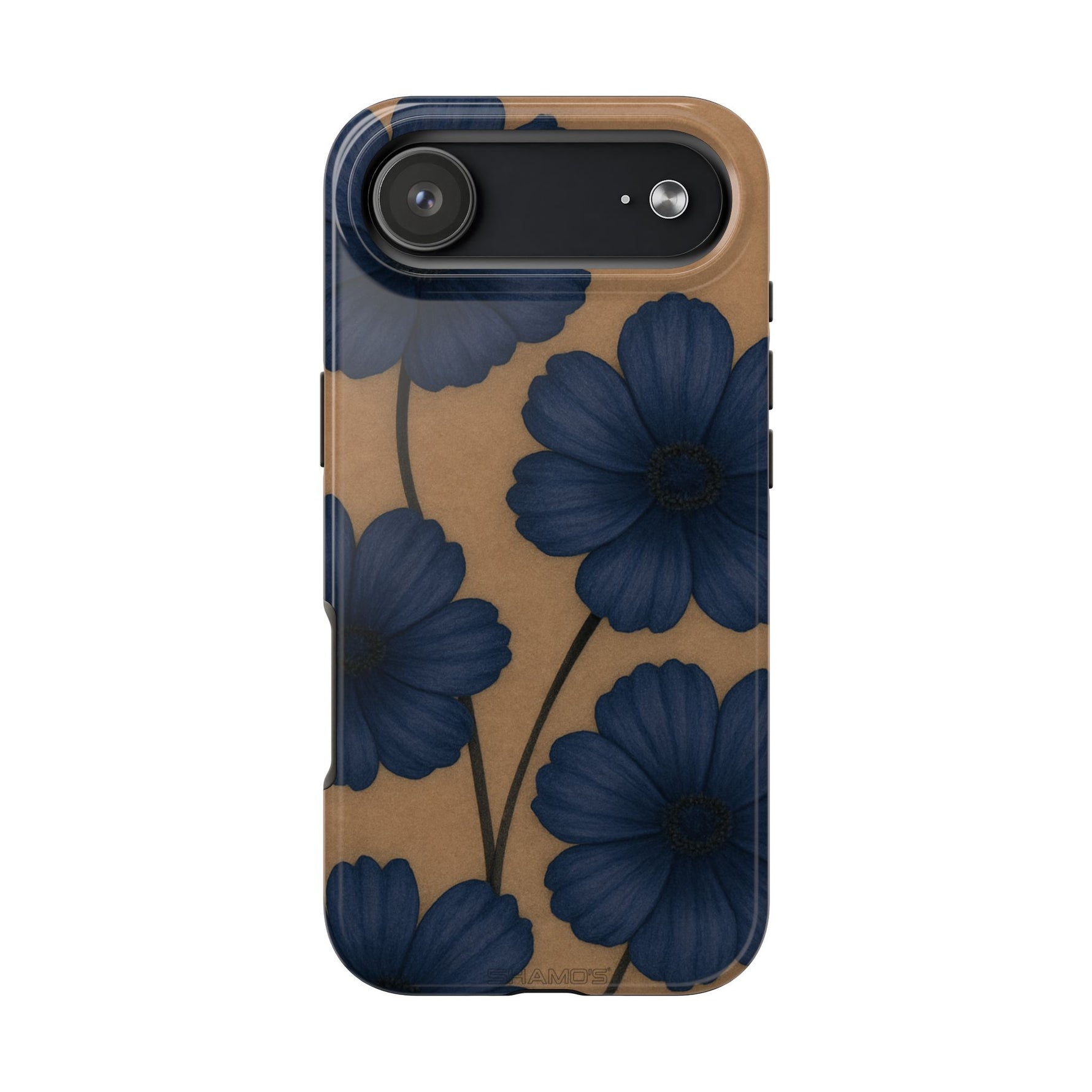 Navy Floral Tough Phone Case — Durable Protective Case with Blue Flowers on Kraft Background