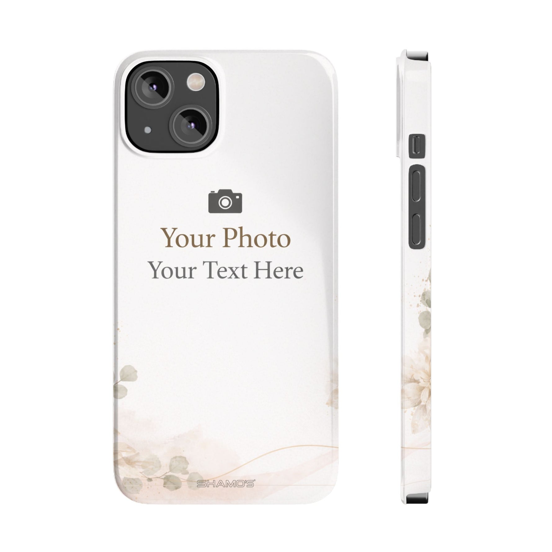 Personalized Slim Phone Case, Custom Photo & Text Minimal Floral Design - iPhone 14 - Shamo's