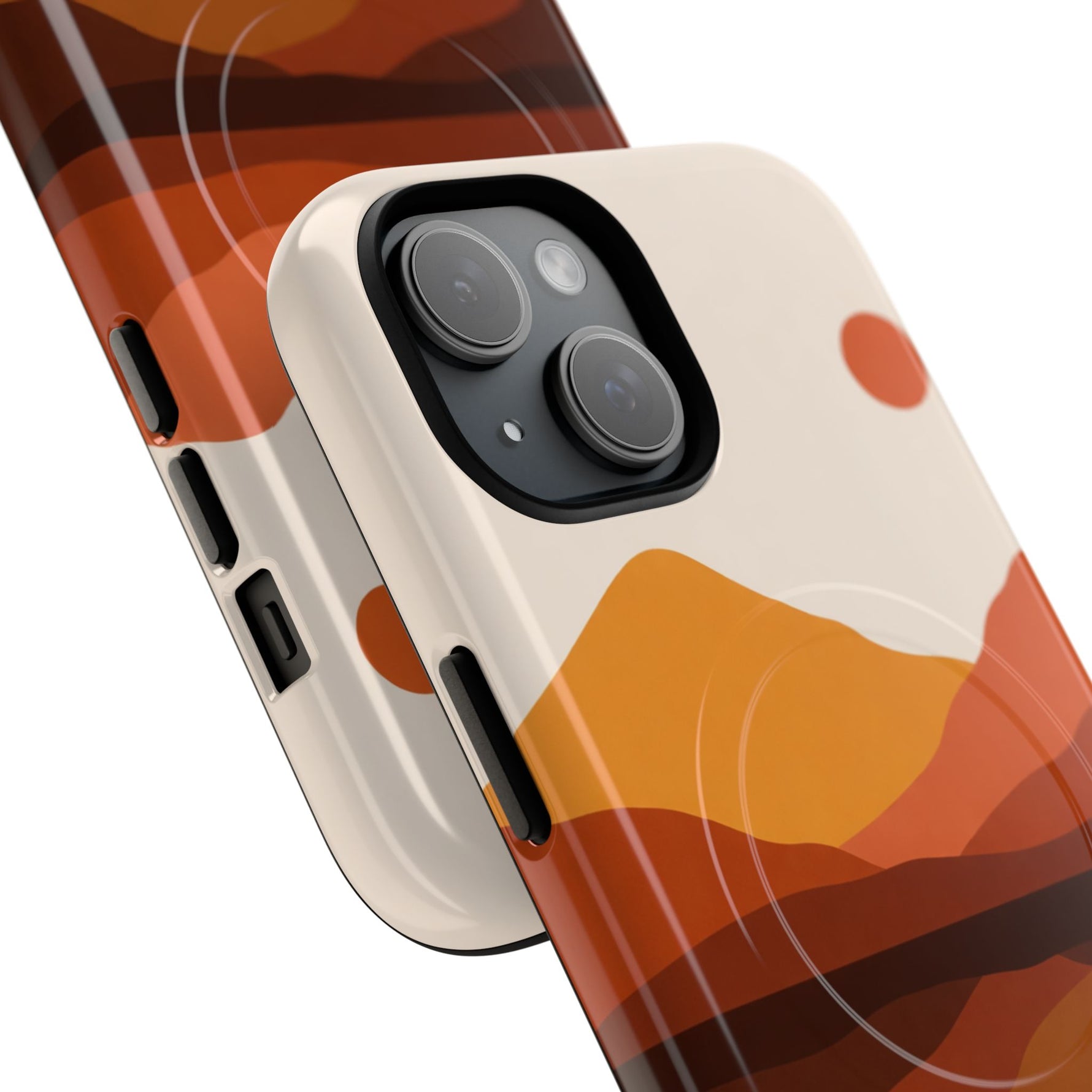 Two zoomed-in smartphone cases featuring abstract orange and brown mountain landscape design, showing different sizes