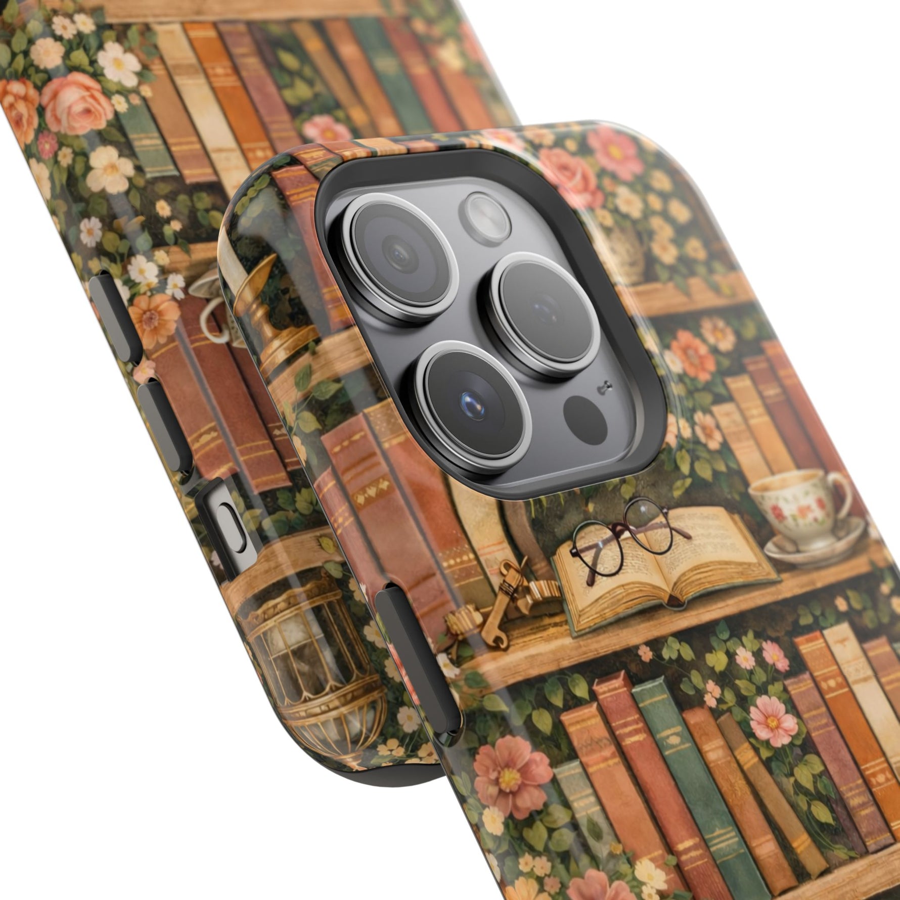 Floral Bookshelf iPhone Case — MagSafe Magnetic, Impact-Resistant