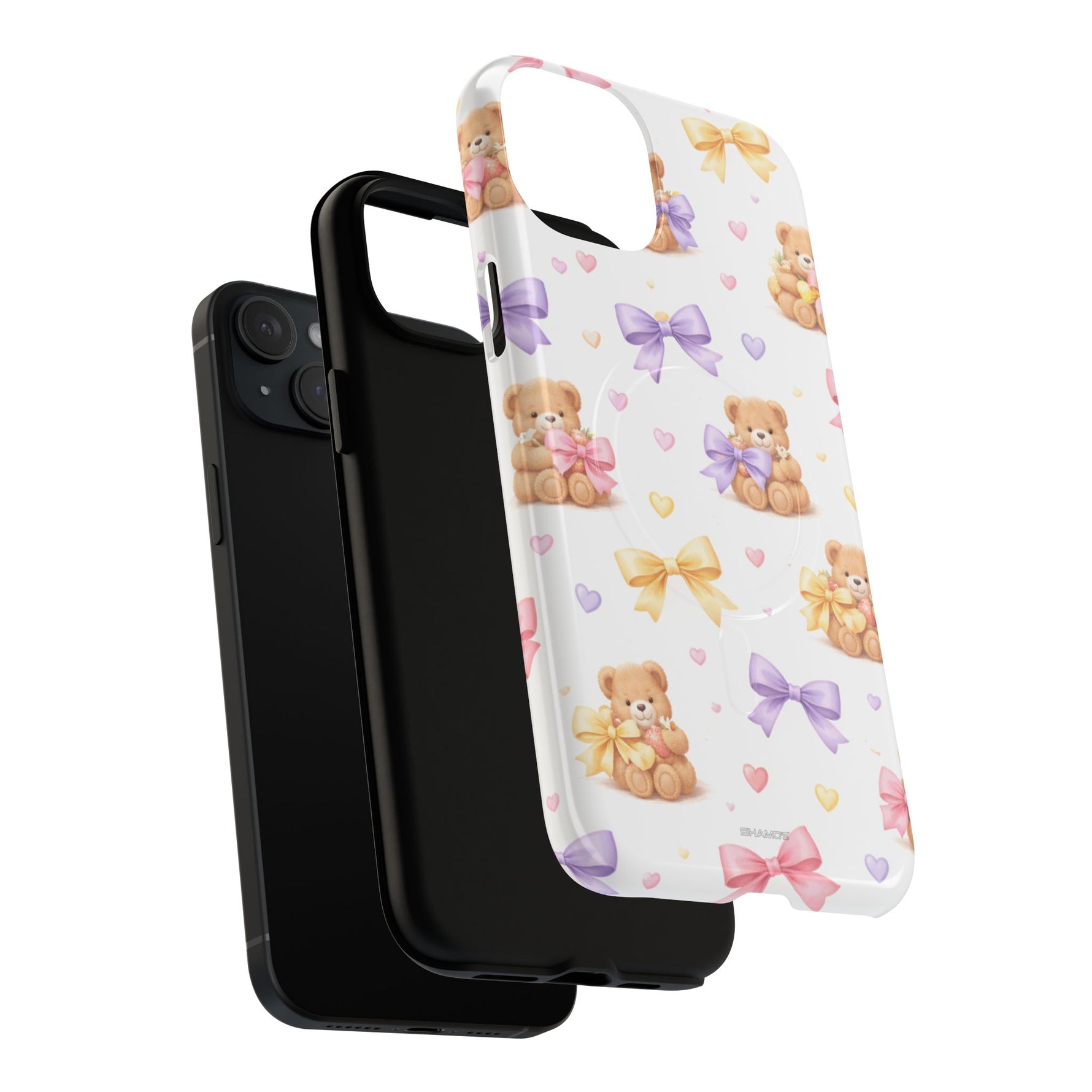 Two iPhone 13 cases stacked, one black and one white with teddy bears and pastel bows pattern, variant size shown