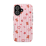 Pink Teddy Hearts Love iPhone Case, Impact-Resistant MagSafe Compatible