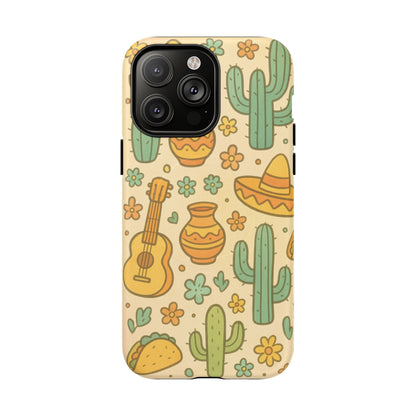 Mexico Hand-Drawn Cactus Pattern iPhone Case – Cute Desert Guitar & Sombrero Design | with MagSafe
