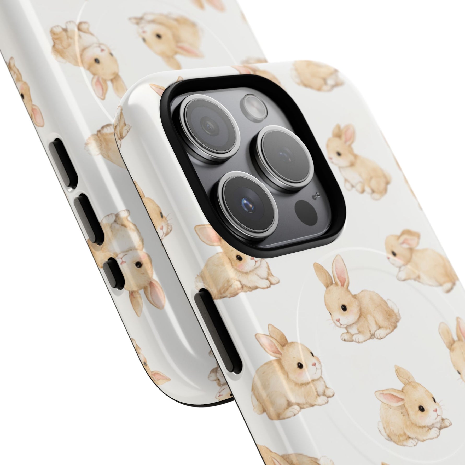 Two sizes of white phone cases with cute beige bunny pattern and camera cutout