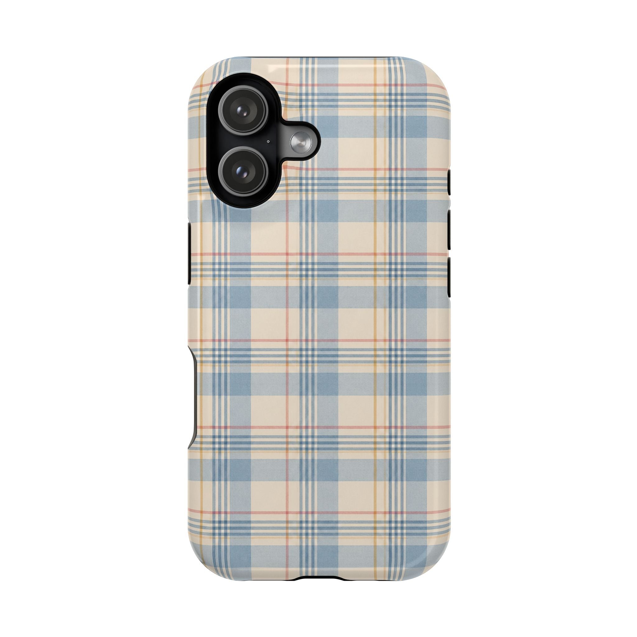 Ranch Check – Blue and Cream Plaid MagSafe Phone Case, glossy iPhone 17, rear view