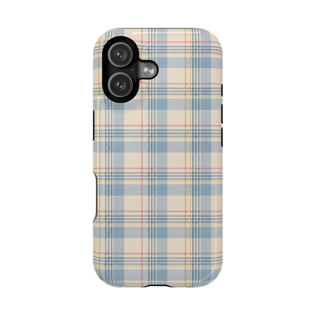Ranch Check – Blue and Cream Plaid MagSafe Phone Case, glossy iPhone 17, rear view