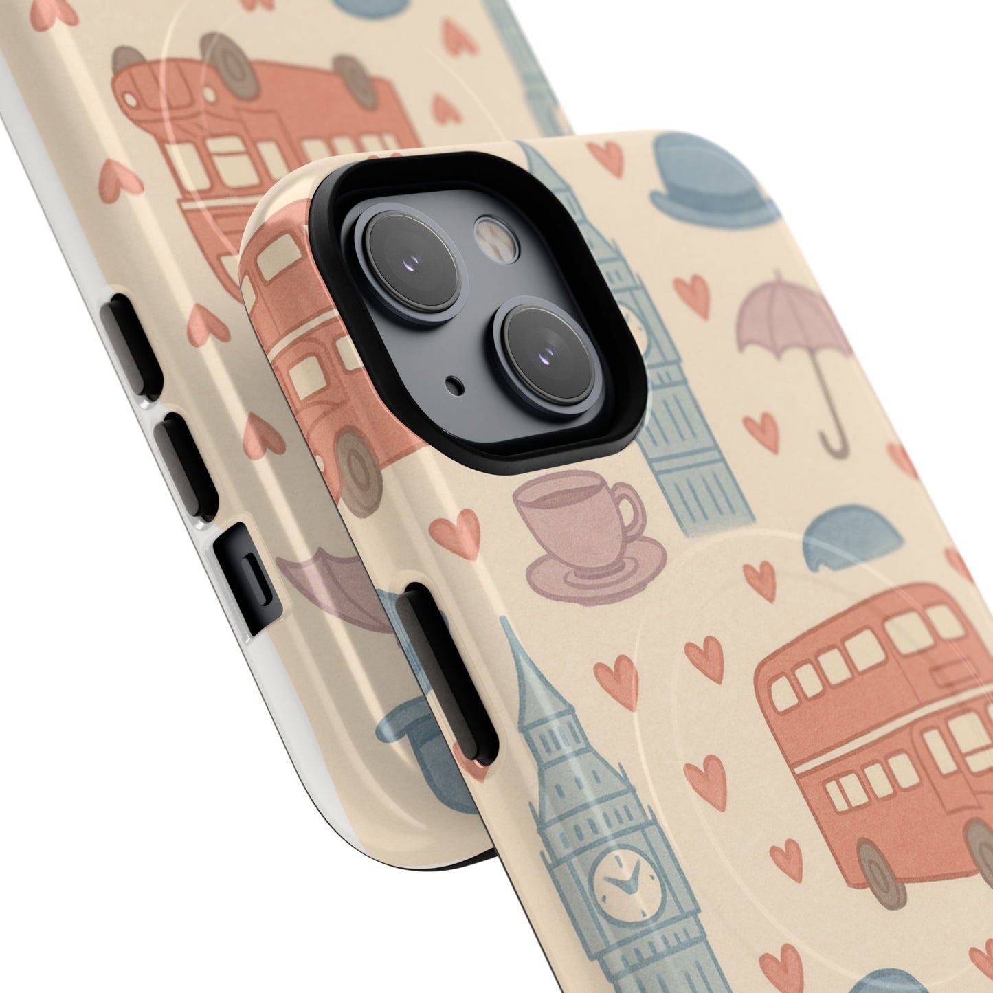 London Icons Hand-Drawn iPhone Case — Cute Double-Decker Bus & Big Ben Pattern with MagSafe compatibility