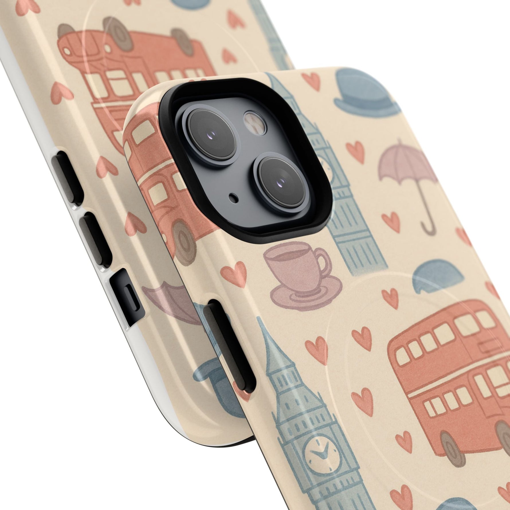 London Icons Hand-Drawn iPhone Case — Cute Double-Decker Bus & Big Ben Pattern with MagSafe compatibility  Shamo's