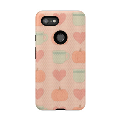 Autumn Cozy iPhone Case – Pumpkin, Heart & Coffee Cup Pattern