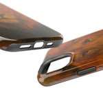 Close-up of glossy wood grain smartphone case showing camera and charging port cutouts, medium size variant