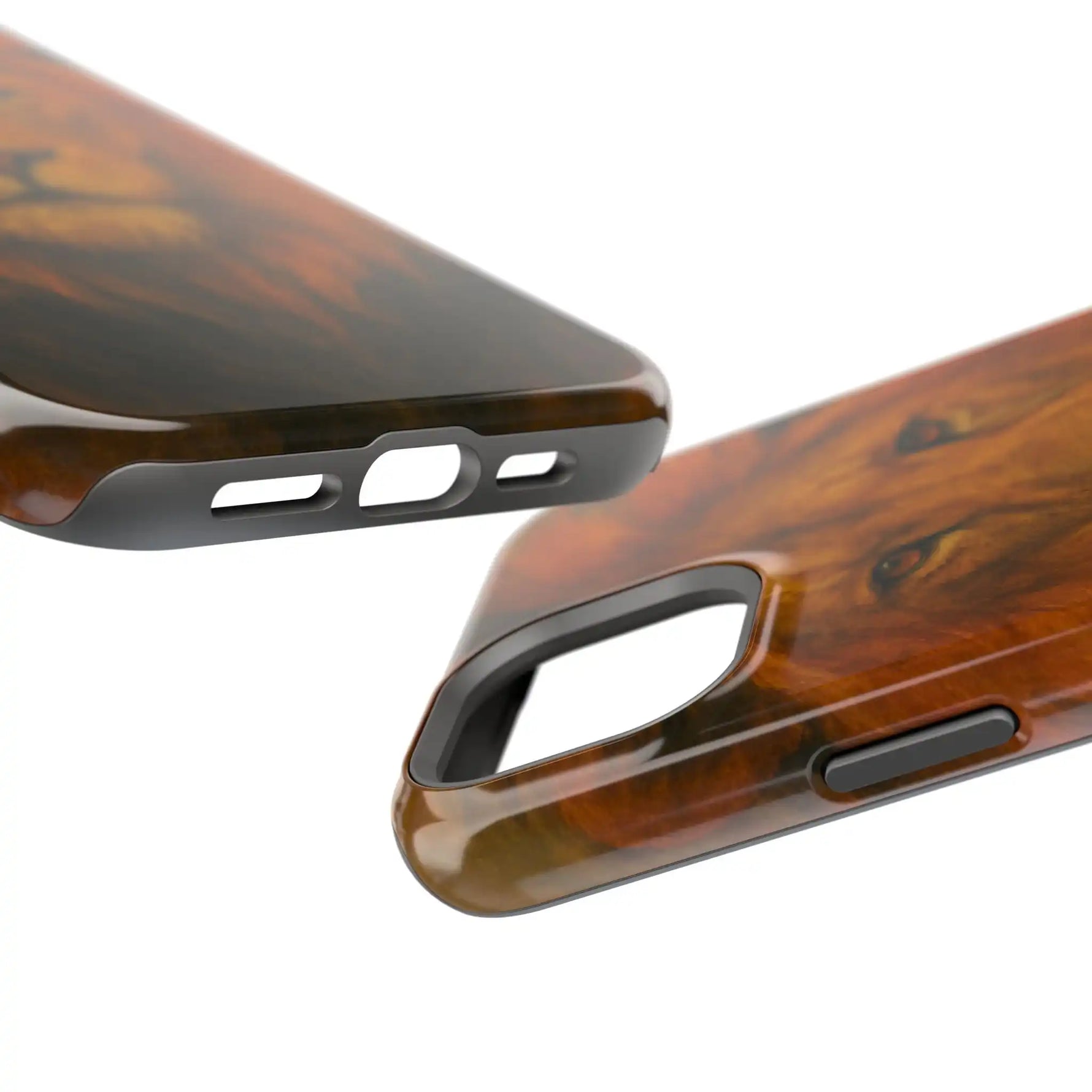 Close-up of glossy wood grain smartphone case showing camera and charging port cutouts, medium size variant