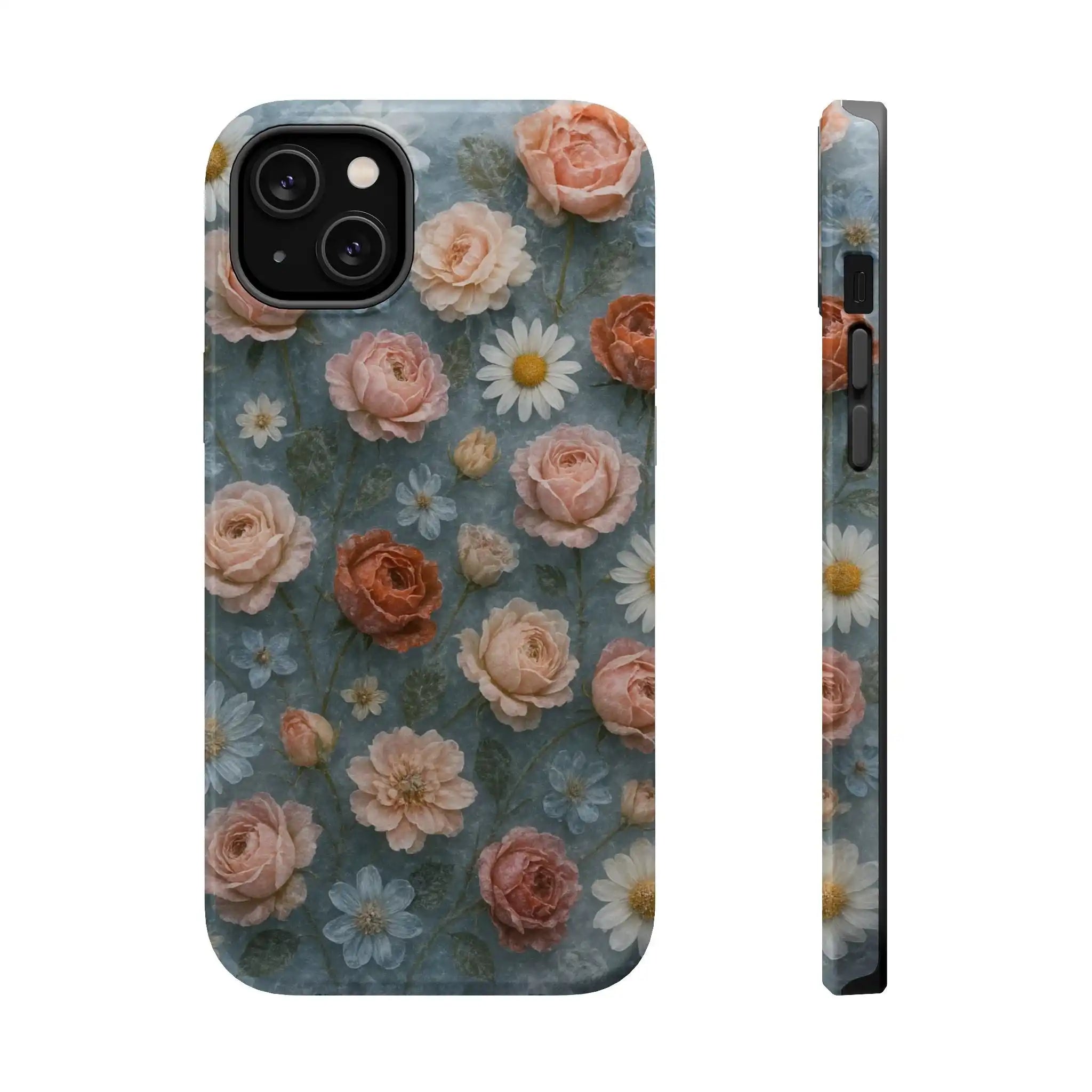 Frozen Floral Vintage Roses & Daisies iPhone Case with MagSafe compatibility  Shamo's iPhone 14 Plus / Glossy