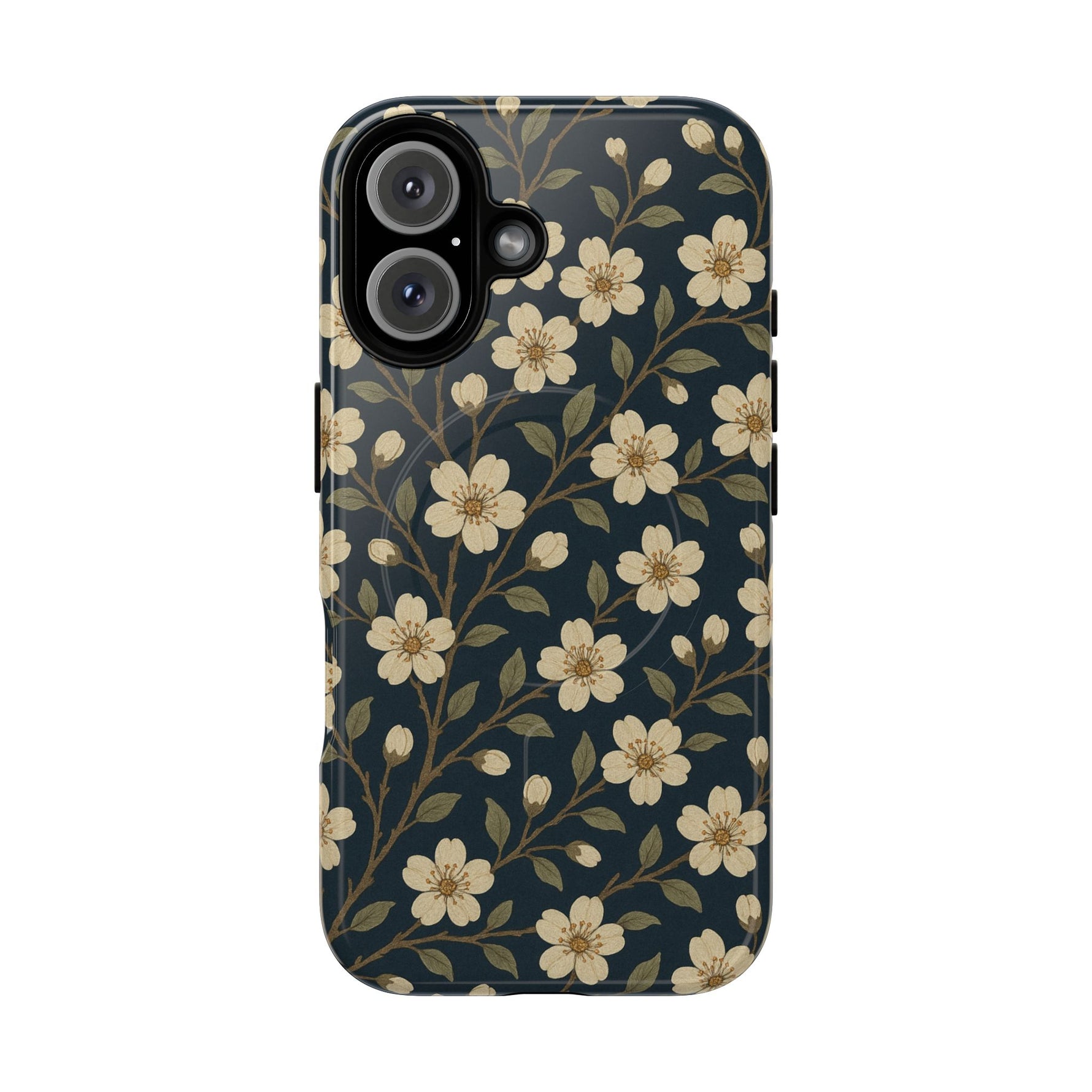 Navy Cherry Blossom Floral iPhone Case - Compatible with MagSafe - Shamo's