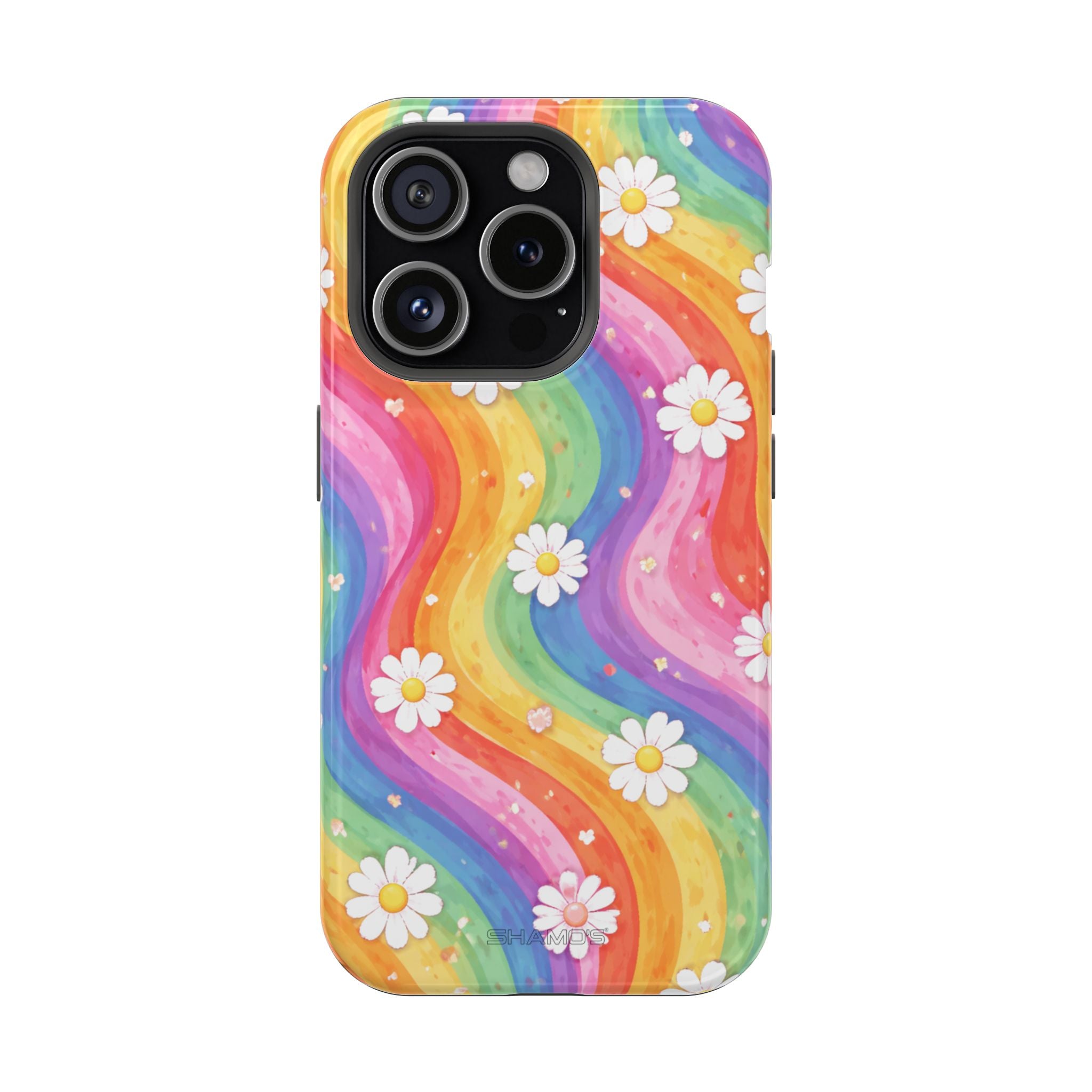 Phone case with flowing rainbow-colored stripes and small white daisies