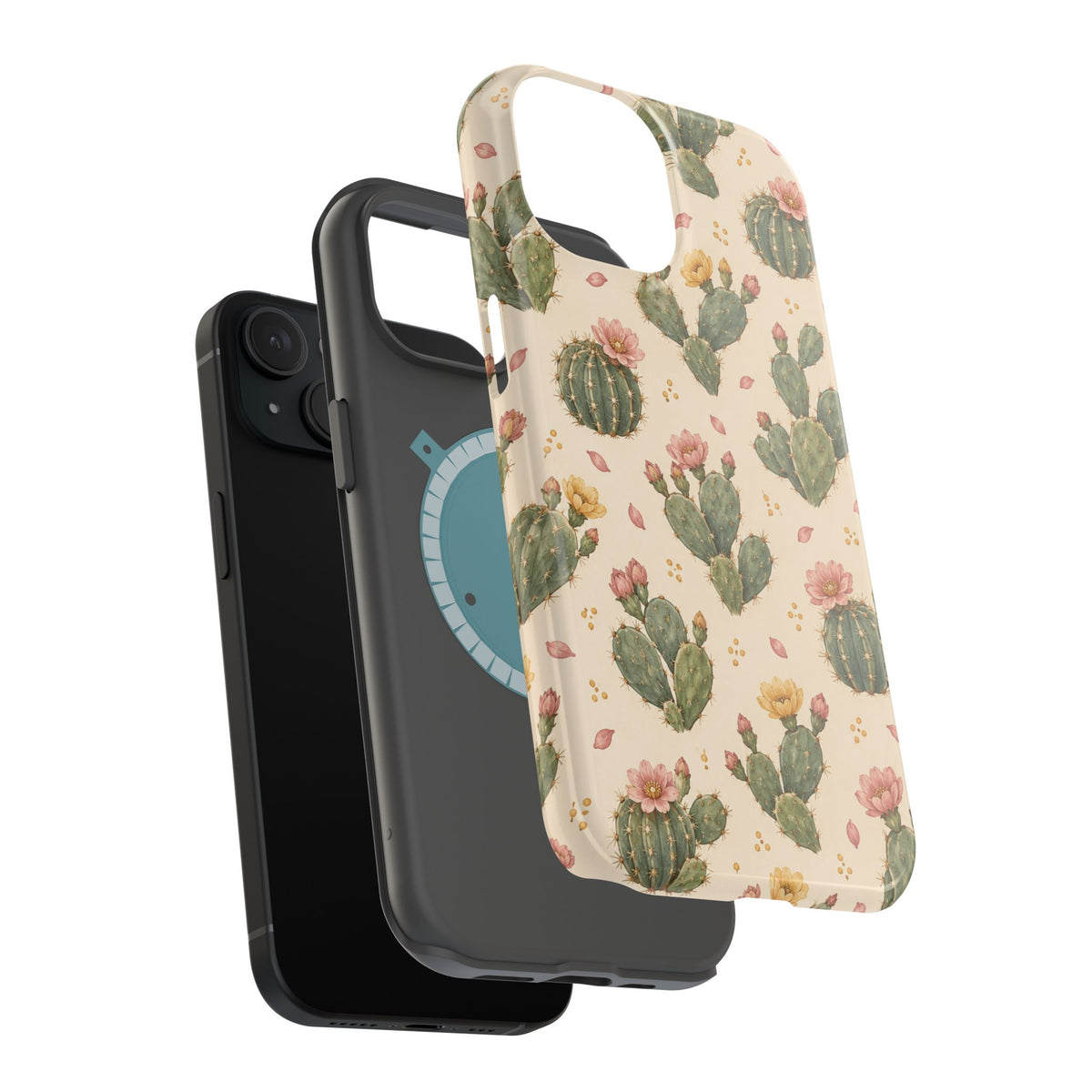 Cactus Bloom – Sage Green Floral Cactus MagSafe Phone Case, glossy diagonal dual-camera model, exploded shell and liner with magnetic ring