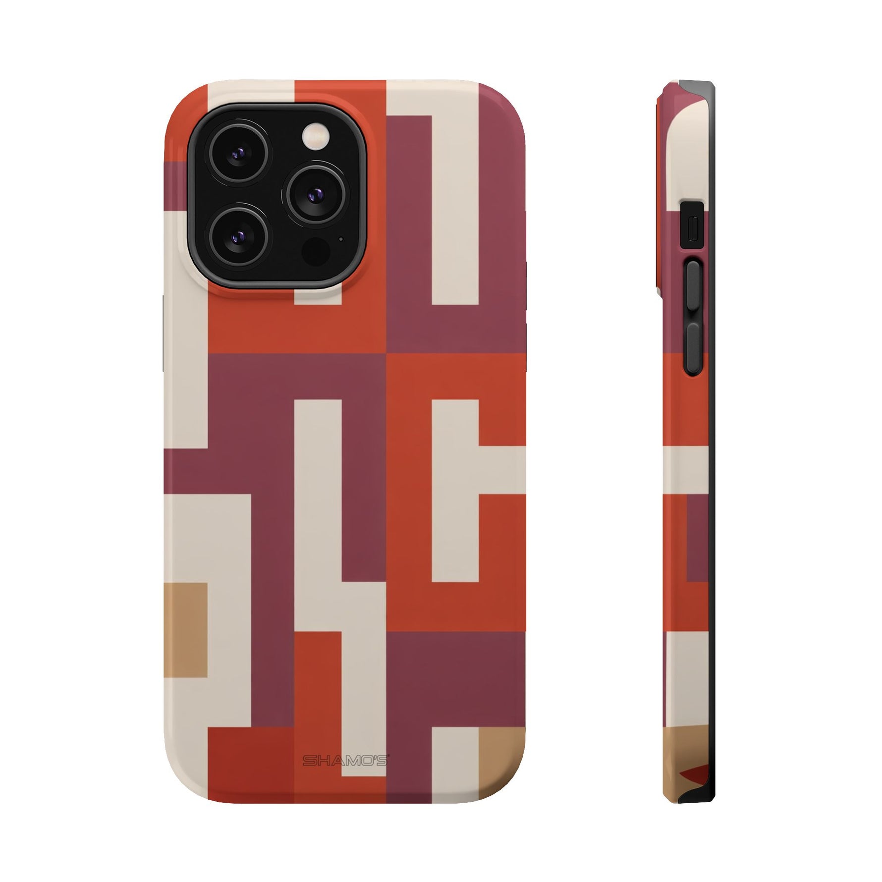 Retro Geometric Magnetic MagSafe Compatible Impact Phone Case — Bold Red & Terracotta Pattern