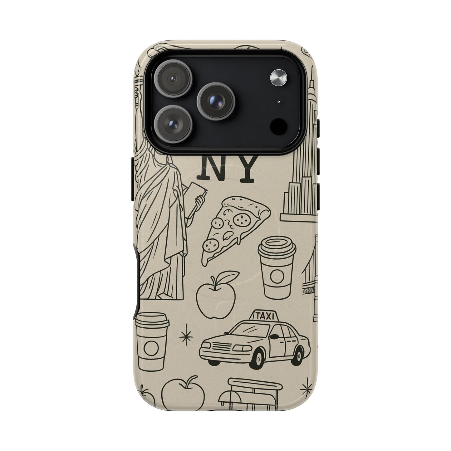 NY City Icons Tough iPhone Case — Statue of Liberty, Pizza & Taxi Pattern | Compatible with MagSafe