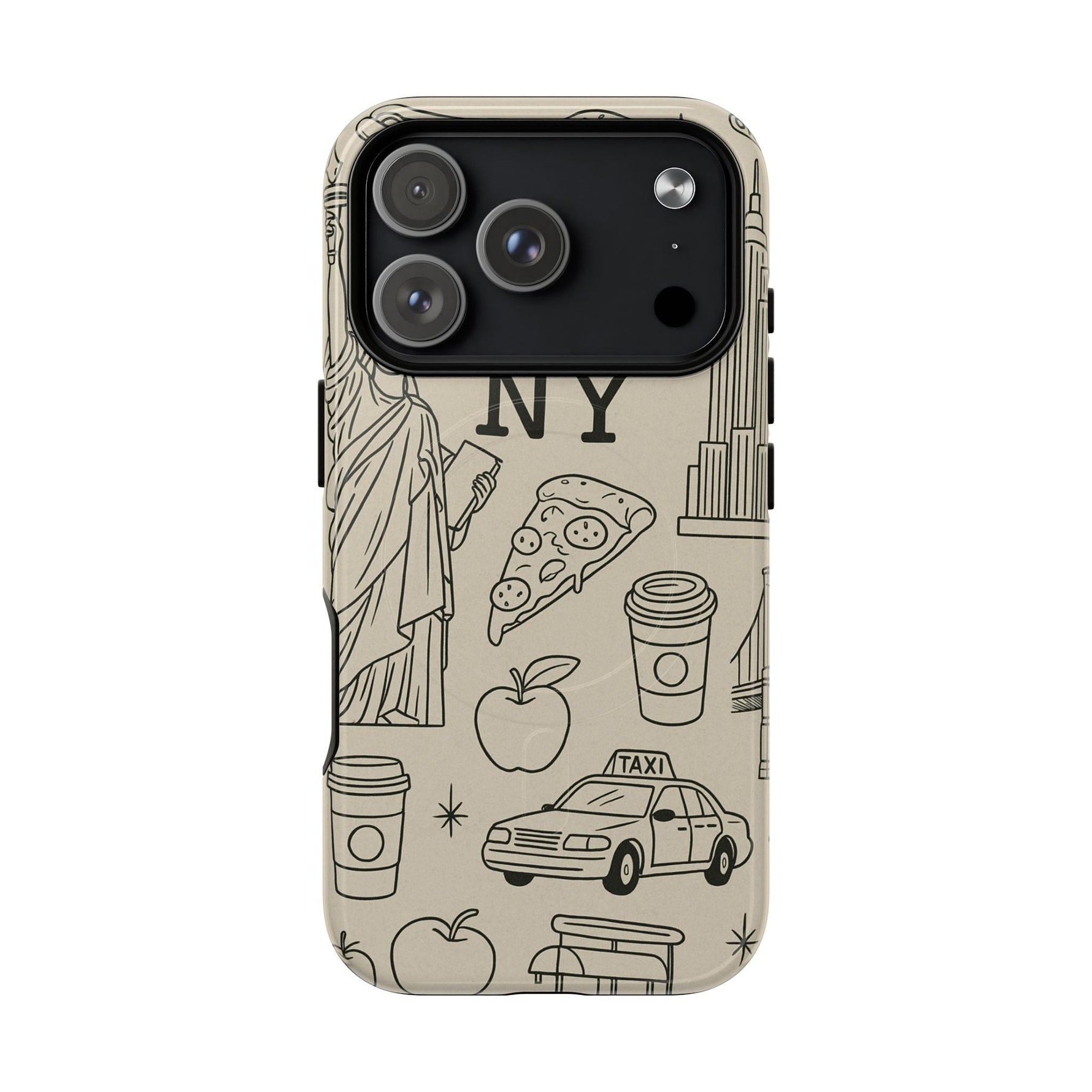 NY City Icons Tough iPhone Case — Statue of Liberty, Pizza & Taxi Pattern | Compatible with MagSafe  Shamo's iPhone 17 Pro / Glossy