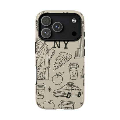 NY City Icons Tough iPhone Case — Statue of Liberty, Pizza & Taxi Pattern | Compatible with MagSafe