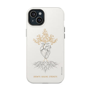 Minimalist Impact-Resistant iPhone Case, Heart Root Illustration ("Growth. Healing. Strength.") MagSafe Compatible - iPhone 15 Plus / Glossy - Shamo's