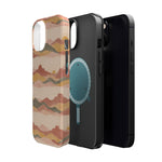 Sunset Trails – Desert Landscape MagSafe Phone Case, glossy diagonal dual-camera model, exploded shell and liner with magnetic ring