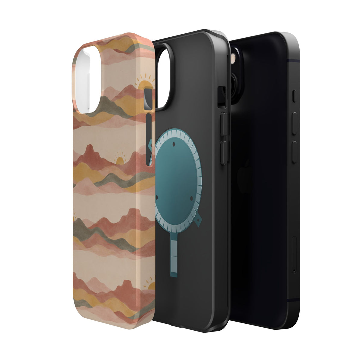 Sunset Trails – Desert Landscape MagSafe Phone Case, glossy diagonal dual-camera model, exploded shell and liner with magnetic ring