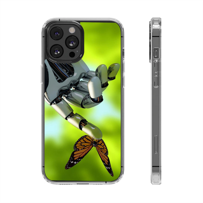 Clear Cases for iPhone 14 Series with Robotic hand and Butterfly.