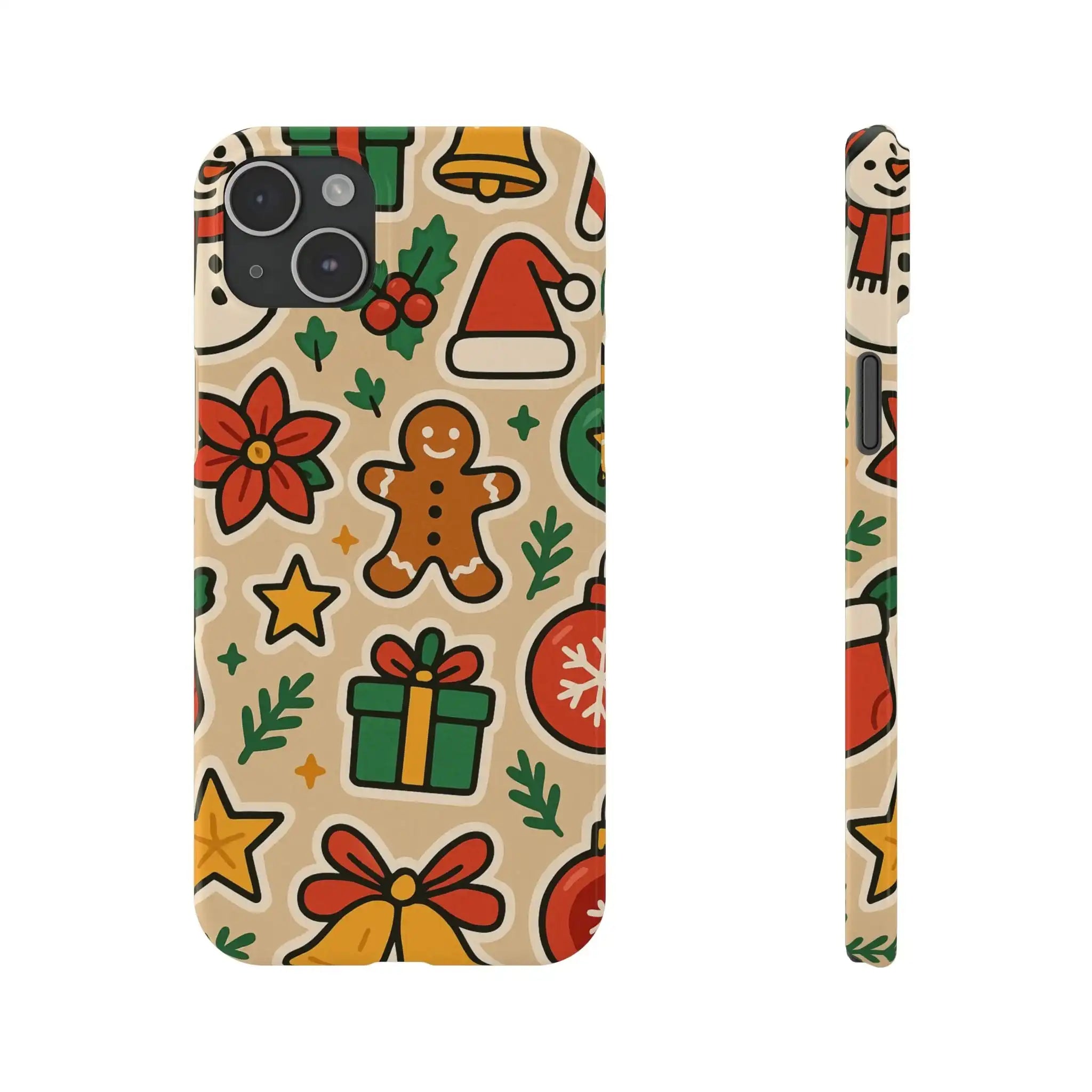 Holiday Pattern Slim iPhone Case — Gingerbread, Santa Hat & Gifts Holiday Design  Shamo's iPhone 15 Plus