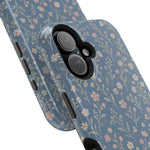 Denim Wildflowers MagSafe Phone Case, glossy vertical dual-camera model, camera and side-button close-up