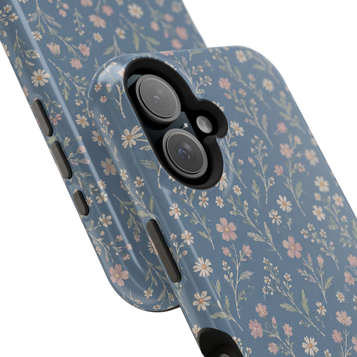 Denim Wildflowers MagSafe Phone Case, glossy vertical dual-camera model, camera and side-button close-up