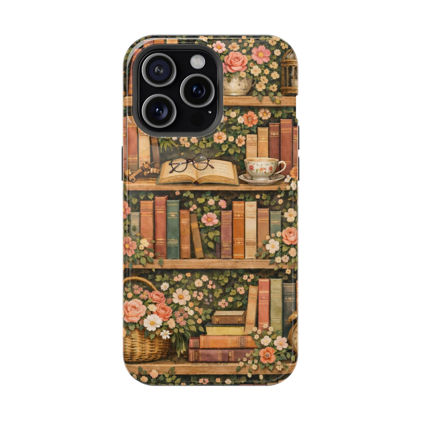 Floral Bookshelf iPhone Case — MagSafe Magnetic, Impact-Resistant