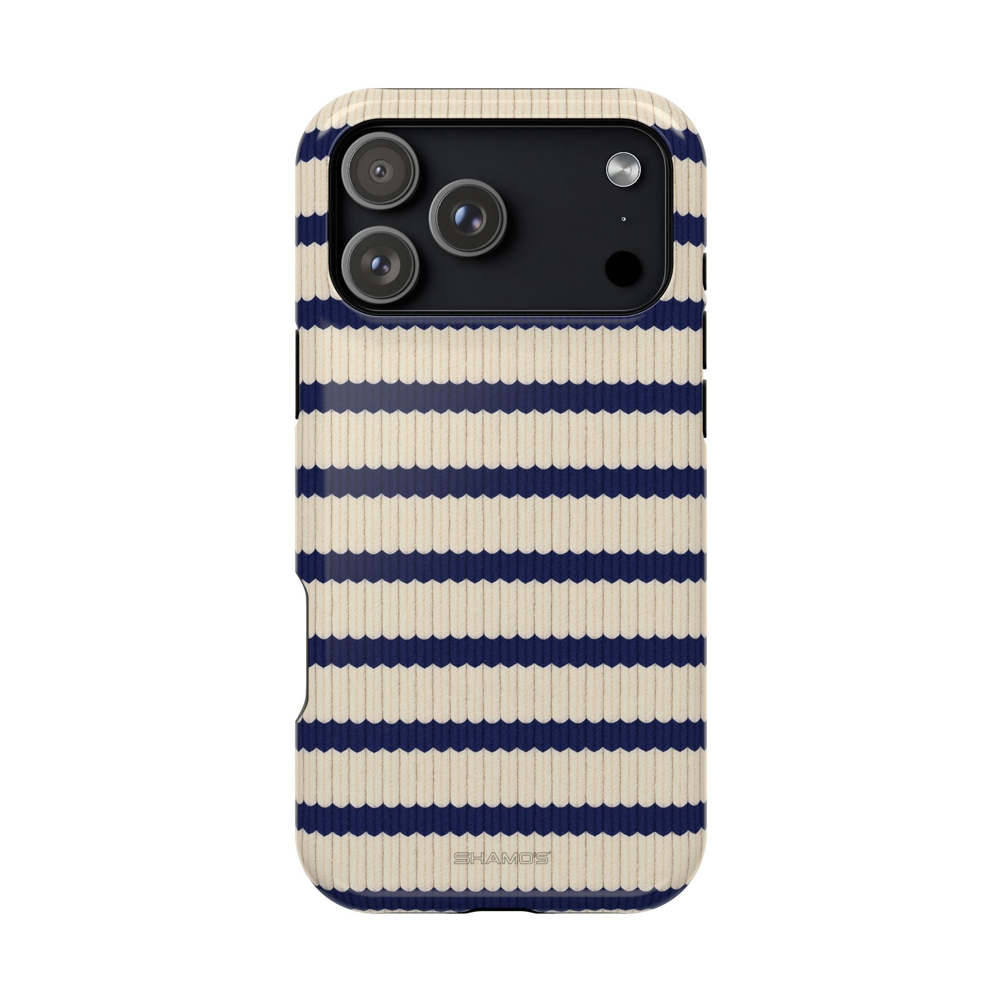 Funda para iPhone con diseño de suéter navideño acanalado en azul marino y crema con compatibilidad con MagSafe