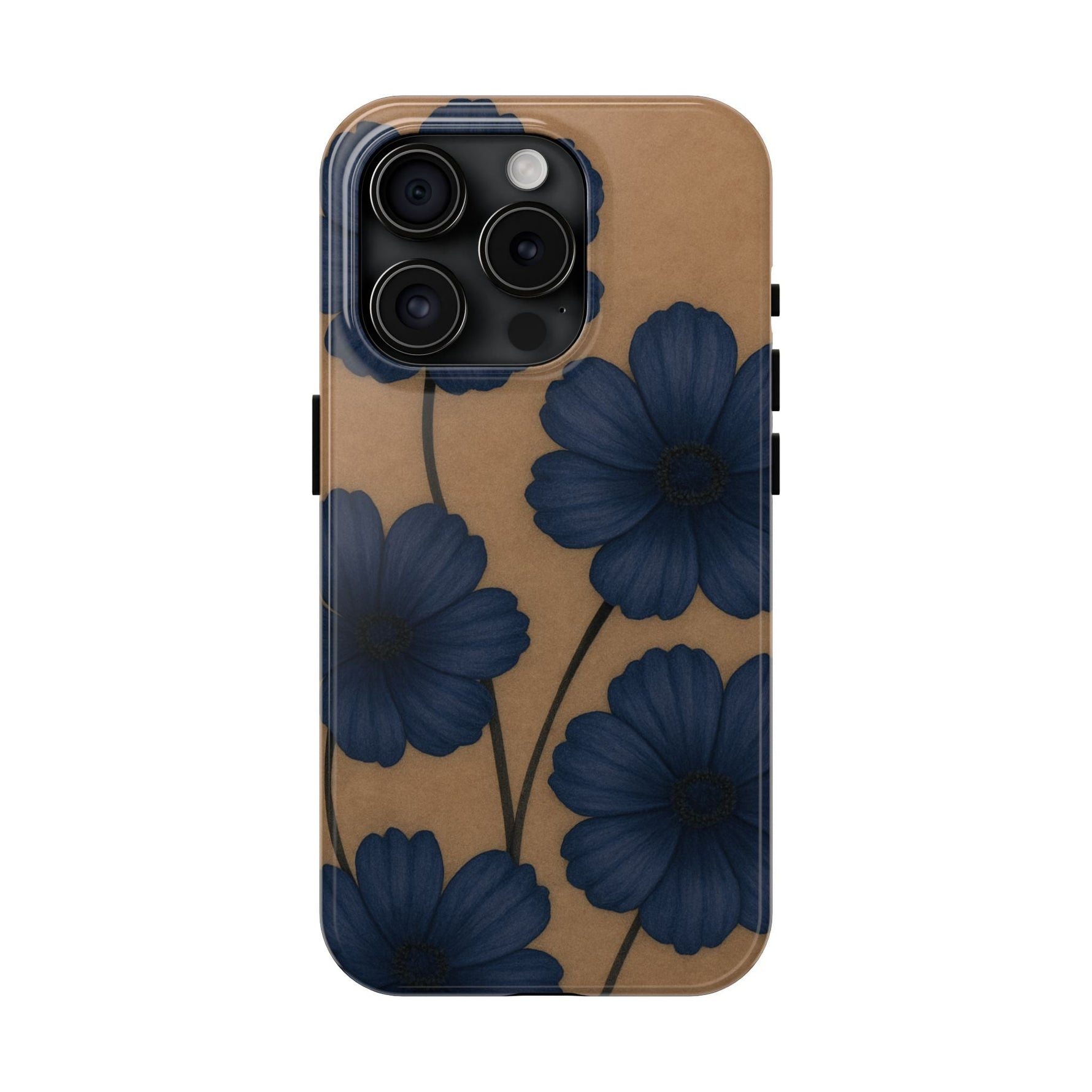 Navy Floral Tough iPhone Case — Durable Protective Case with Blue Flowers on Kraft Background  Shamo's iPhone 15 Pro
