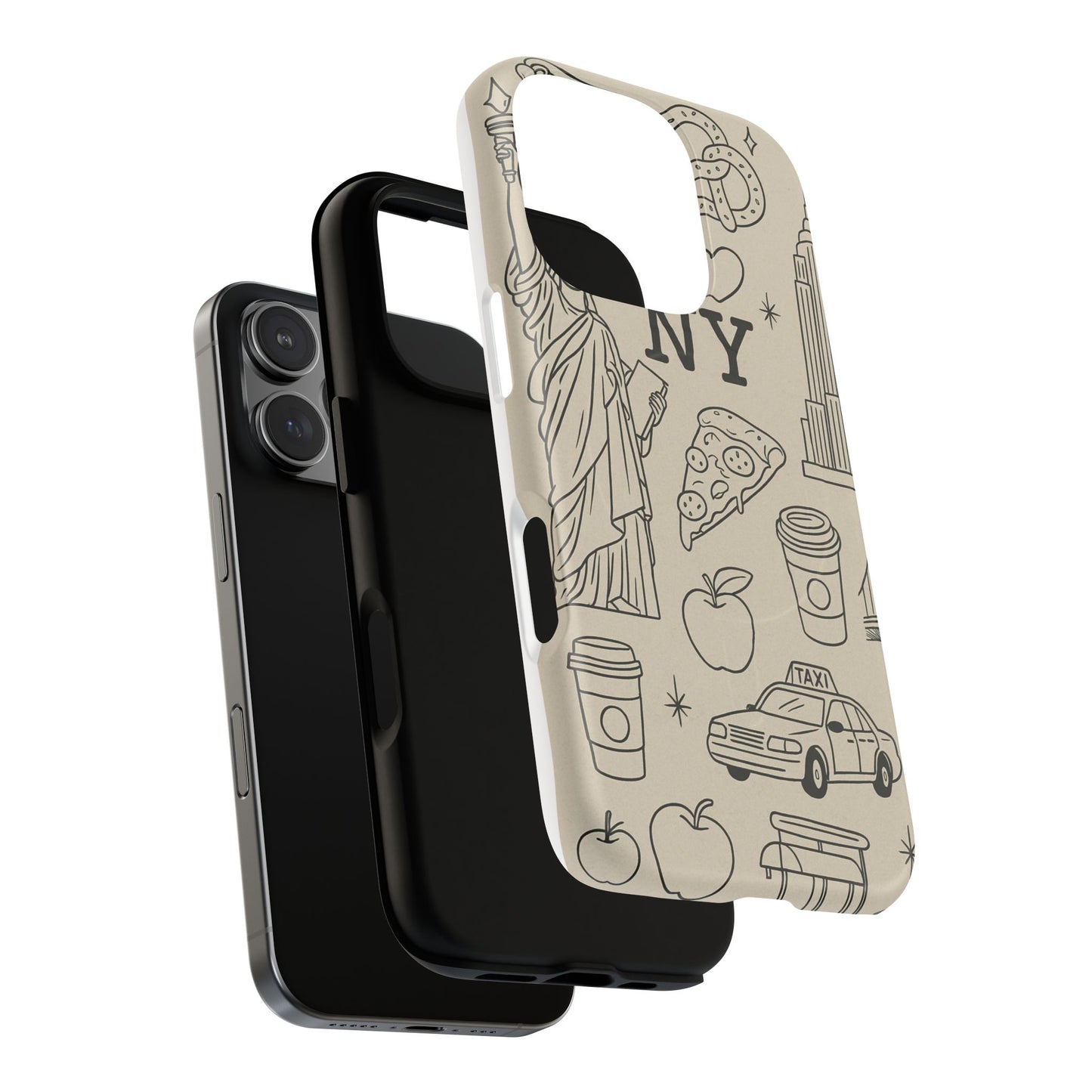 NY City Icons Tough iPhone Case — Statue of Liberty, Pizza & Taxi Pattern | Compatible with MagSafe