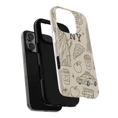 NY City Icons Tough iPhone Case — Statue of Liberty, Pizza & Taxi Pattern | Compatible with MagSafe