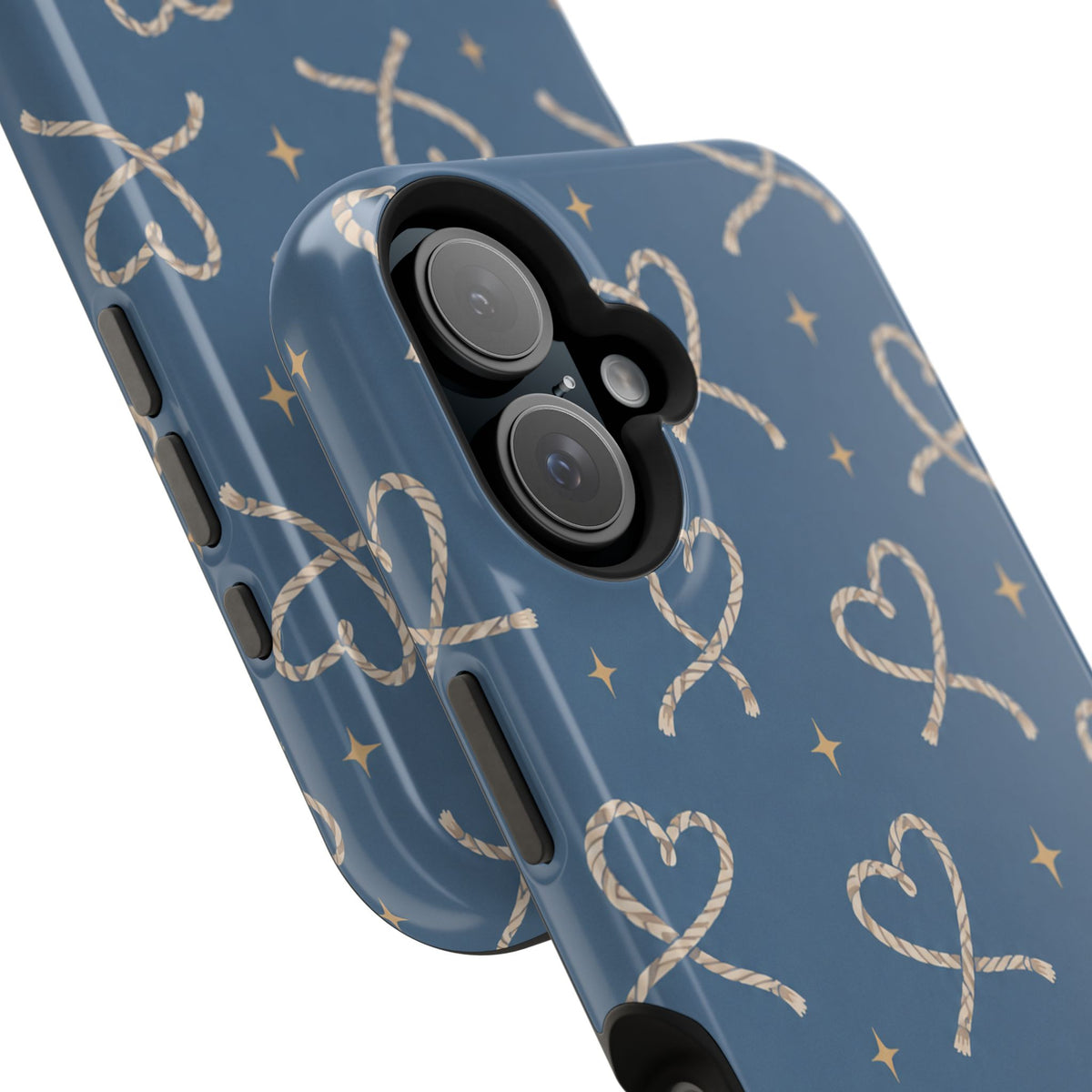 Lasso Hearts – Blue Western Heart MagSafe Phone Case, glossy vertical dual-camera model, camera and side-button close-up