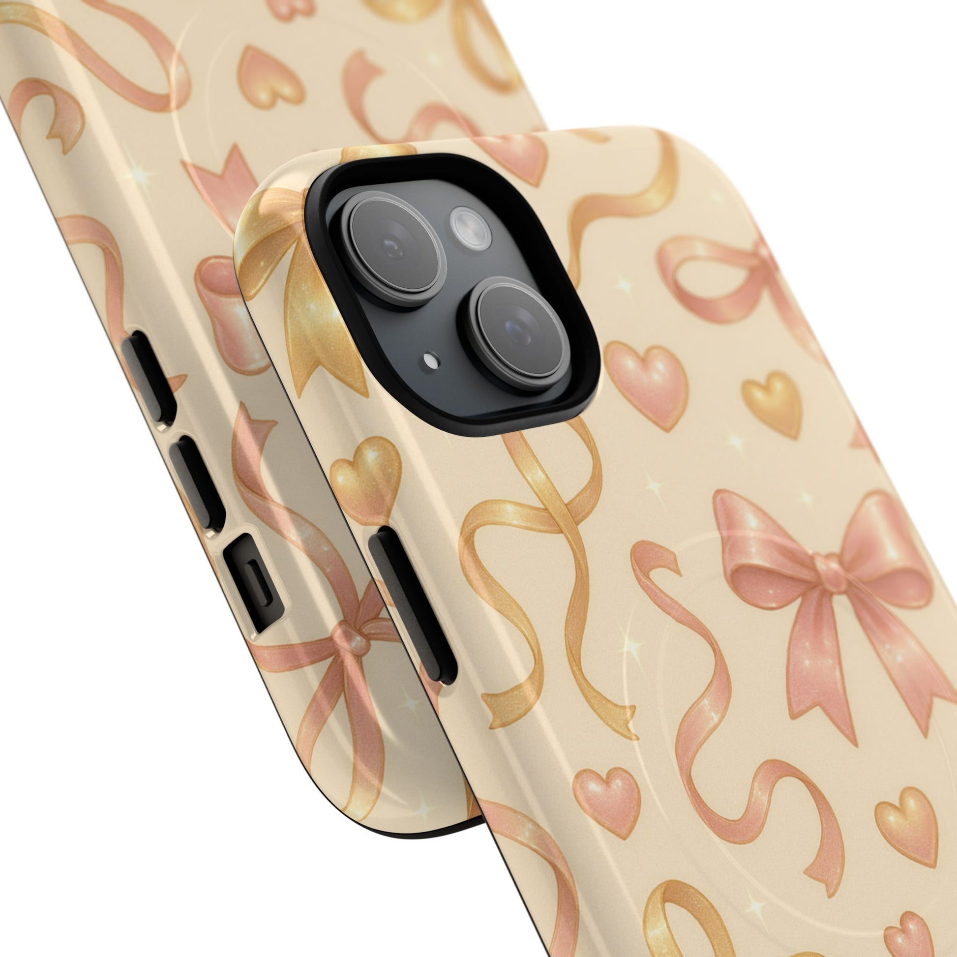 Festive Bow Charm iPhone Case — Pink & Gold Ribbon Hearts with MagSafe - Shamo's