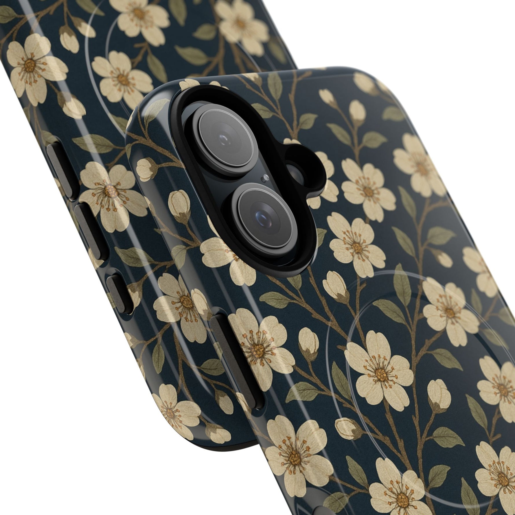 Navy Cherry Blossom Floral iPhone Case - Compatible with MagSafe - Shamo's
