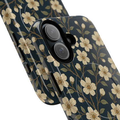 Navy Cherry Blossom Floral iPhone Case - Compatible with MagSafe