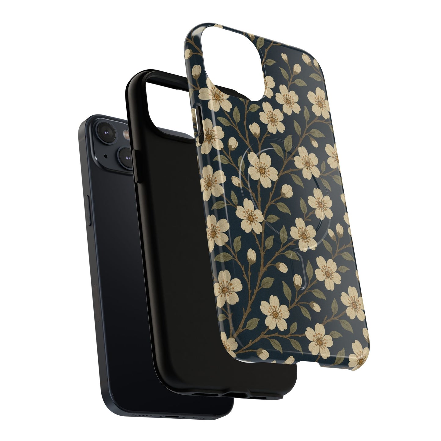 Navy Cherry Blossom Floral iPhone Case - Compatible with MagSafe