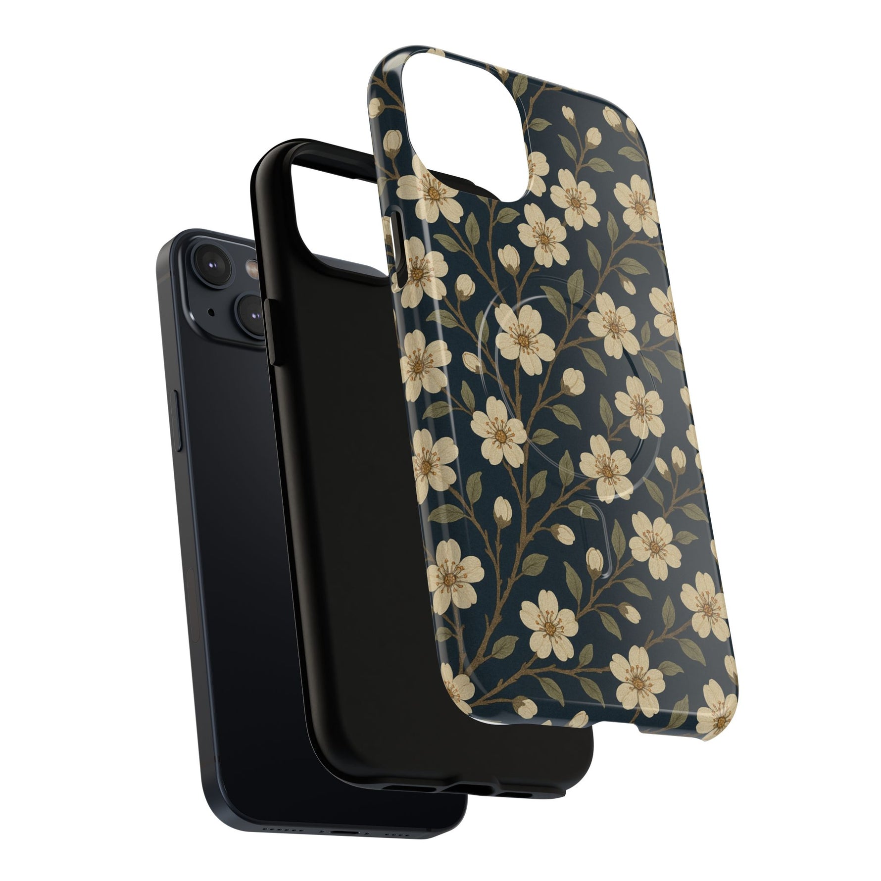 Navy Cherry Blossom Floral iPhone Case - Compatible with MagSafe - Shamo's