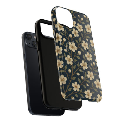 Navy Cherry Blossom Floral iPhone Case - Compatible with MagSafe