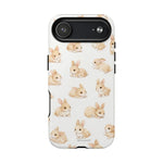 Small phone case featuring multiple cute brown bunny illustrations in various poses, showing compact size variant