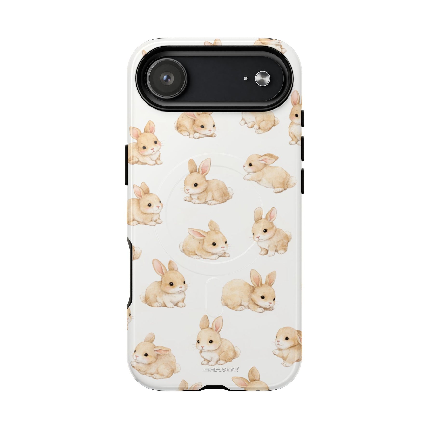 Small phone case featuring multiple cute brown bunny illustrations in various poses, showing compact size variant