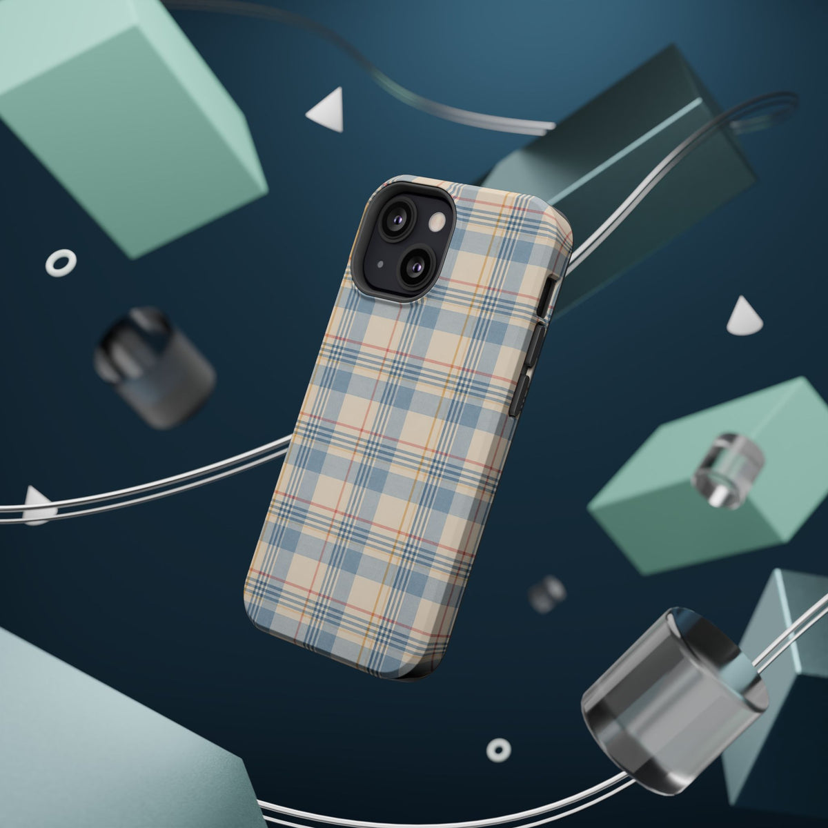 Ranch Check – Blue and Cream Plaid MagSafe Phone Case, glossy diagonal dual-camera model, rear view with magnetic accessories