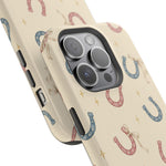 Prairie Horseshoes MagSafe Phone Case, glossy square triple-camera Pro model, camera and side-button close-up