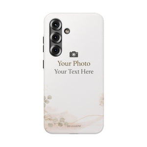 Custom phone case preview with a pale background and text reading Your Photo, Your Text Here